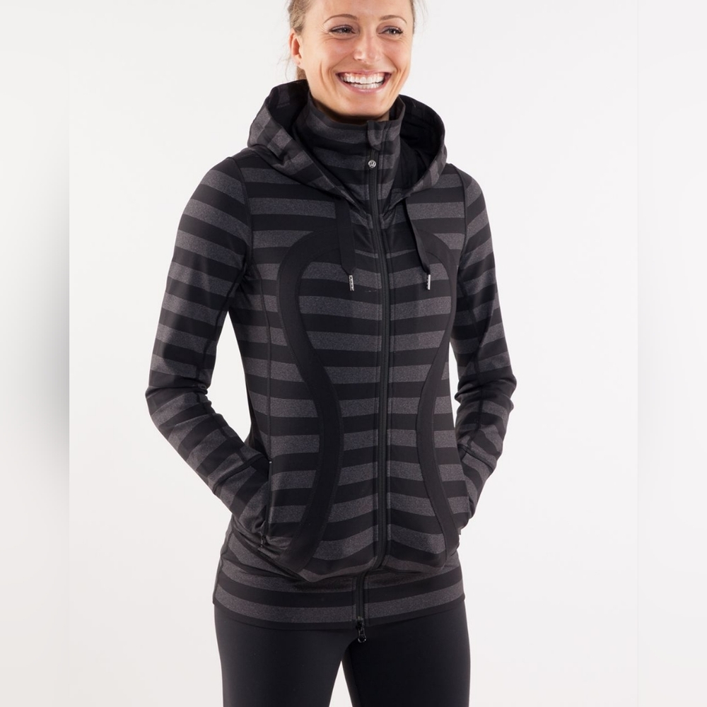 EUC Lululemon Stride Jacket Micro/Macro Stripe Black/Grey Stripe Size 4